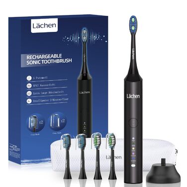 Електрична звукова зубна щітка Läschen, 5 режимів, з чохлом для подорожей, 4 насадки, USB-зарядка на 60 днів, таймер, IPX7 водонепроникність, чорна