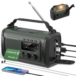 Радіо на сонячній батареї та ручному приводі 27000mAh з Bluetooth, FM/AM, SOS сигналом, динаміком та підключенням для навушників (Зелений)
