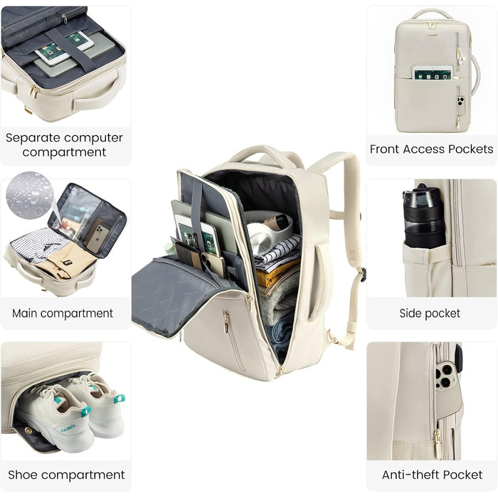 LOVEVOOK Рюкзак жіночий великий з відділенням для взуття, вологостійким відділенням та відділенням для ноутбука 17 дюймів, рюкзак чоловічий, розширюваний ручний багаж для бізнесу 30-40л для подорожей, відпустки, походів, Beige Beige 17,3 дюймів