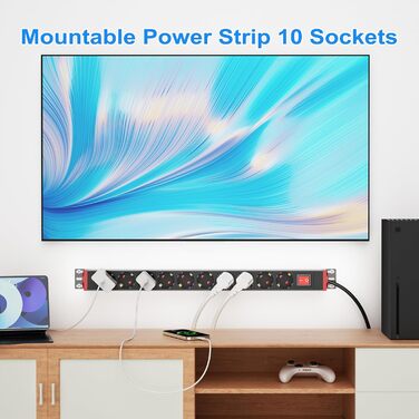 Мережевий фільтр 10 розеток з захистом від перенапруги, з вимикачем та поворотними кріпленнями, чорний, металевий корпус