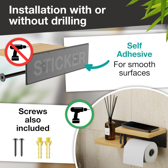 Тримач туалетного паперу Hovea з 2 полицями - настінний, без свердління, метал та дерево, чорний & бамбук