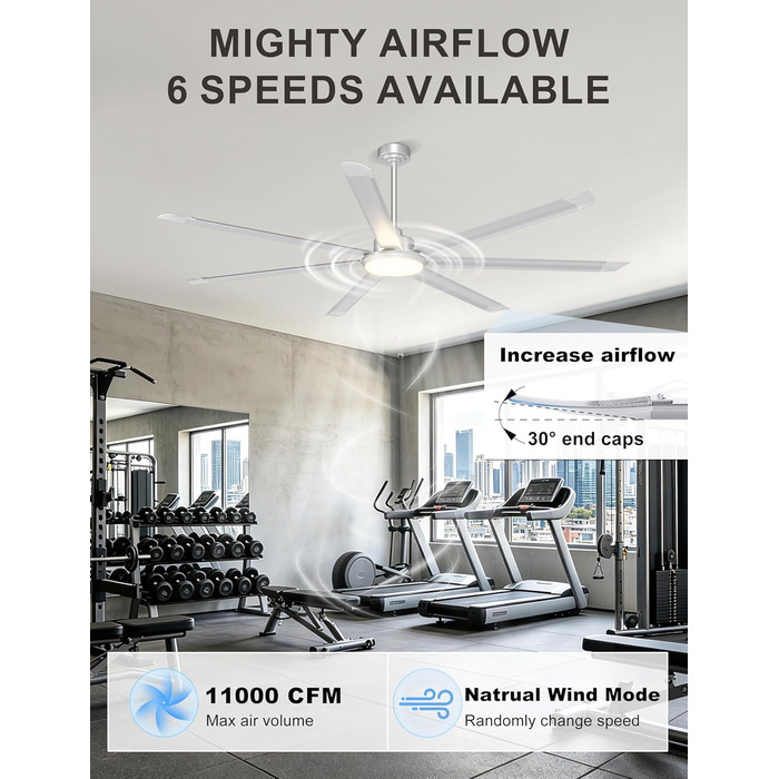 Стельовий вентилятор Ohniyou 182 см з підсвічуванням та пультом/додатком: великий індустріальний, 7 алюмінієвих лопатей, DC-мотор, для вітальні, тераси, гаража, сріблястий