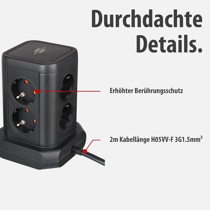 Стеждова тумба Brennenstuhl 8 розеток з USB та USB-C, 2м кабель, чорний колір