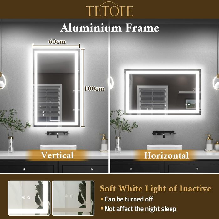 Дзеркало для ванної кімнати TETOTE з підсвічуванням 50x70 см, без рами, LED-підсвічування, сенсорна кнопка, 3 кольори, регулювання яскравості, функція пам'яті