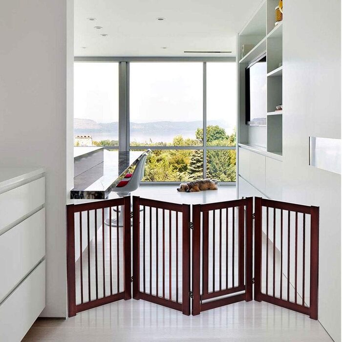 Захисний бар'єр для собак COSTWAY 76 см, 4 панелі, дерев'яний з хвірткою, для дому, дитячий, складний, коричневий