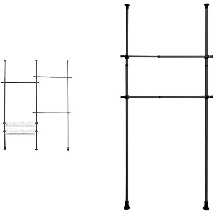 WENKO Telescopic System Hercules Duo, 3 Clothes Rails, 2 Storage Baskets, Extendable, Powder-Coated Metal, 164-215 x 165-300 x 38 cm, Matte Black (Bundle with Clothes Rail Hercules)