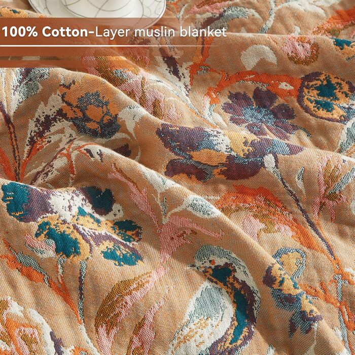 Богемна ковдра Boho 150x200 см з 100% бавовни, двостороння муслінова ковдра, плед для дивану та ліжка, patchwork, літня ковдра для вітальні, зелено-бежева (230x250 см, квіти та птахи)