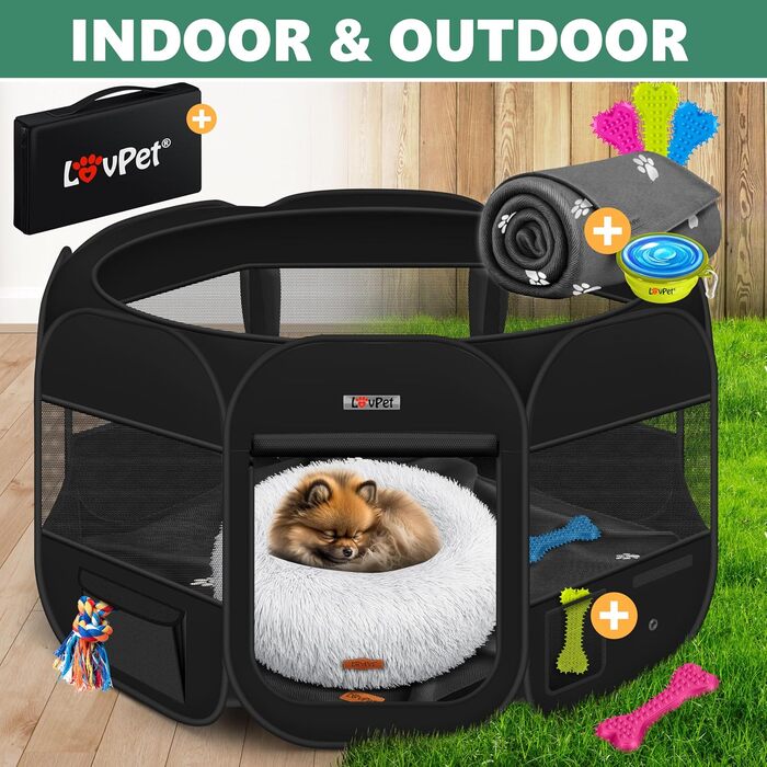 LOVPET® Foldable Pet Playpen with Bowl & Fleece Blanket - Indoor/Outdoor Dog & Cat Enclosure - Pop-Up Oxford Fabric
