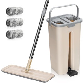 Набір для миття підлоги MASTERTOP з відром, моп з нержавіючою ручкою та 3 насадками, набір 2 в 1 з відром для вичавлювання, плоский моп для твердої підлоги, ламінату, плитки (Бежевий)