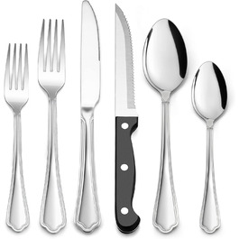 Herogo Cutlery Set for 6 People, 36-Piece Stainless Steel Cutlery Set with Steak Knives, Polished Eating Cutlery Set with Fork, Knife, Spoon for Home Restaurant, Dishwasher Safe (Modern)