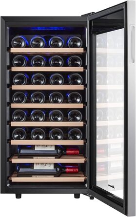Kalamera 28-Bottle Wine Refrigerator - 86 Liter Capacity, Stainless Steel & Glass Door, 5-18°C Cooling Zone, Removable Wooden Shelves