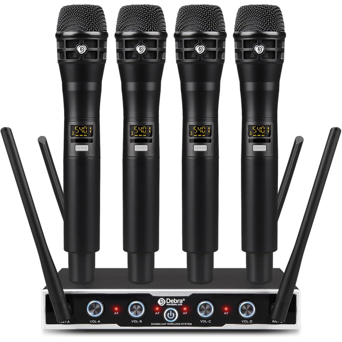 Debra 4-канальний UHF мікрофонний набір з 16 частотами | 80м радіус дії, 4x Bodypack + Headset/Lavalier | Професійний звук для співу, караоке та конференцій (4 мікрофони + головний)