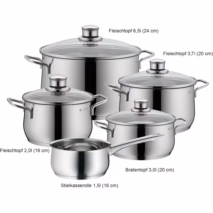 WMF Diadem Plus Induction Cookware Set, 5-Piece, Cookware Set with Glass Lids, Polished Cromargan Stainless Steel, Induction Cookware Set Uncoated, 5-Piece (including saucepan)