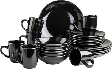Modern Dinnerware Set for 6 People with Brass-Colored Rim, 24-Piece Combination Service with Rimless Coupe Shapes, Black 24-Piece Black