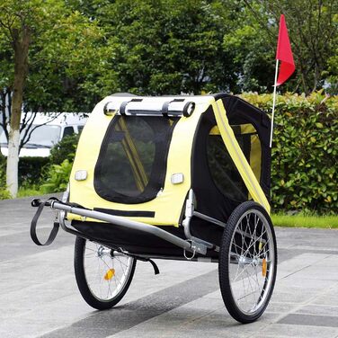 Причіп для собак Wiltec 220x700x78 см з безпечною муфтою, причіп для вантажів з москітною сіткою та захистом від дощу (чорний / жовтий)