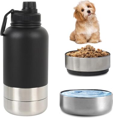 Поїлка для собак Pets Hundetrinkfasche з контейнером для корму та ручкою, 950 мл, ізольована нержавіюча сталь, BPA-free, для подорожей та прогулянок (кремово-білий, чорний)