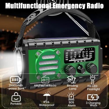 Радіо на сонячній батареї Solar Kurbelradio 20000mAh: FM/AM/SW, ліхтарик, зарядка USB, SOS-сигнал, для кемпінгу та надзвичайних ситуацій (зелене)