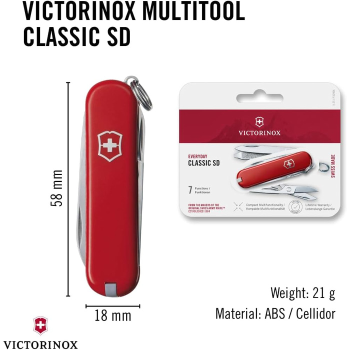 Мультитул Victorinox Classic SD: Швейцарський ніж, 7 функцій, з пилочкою для нігтів