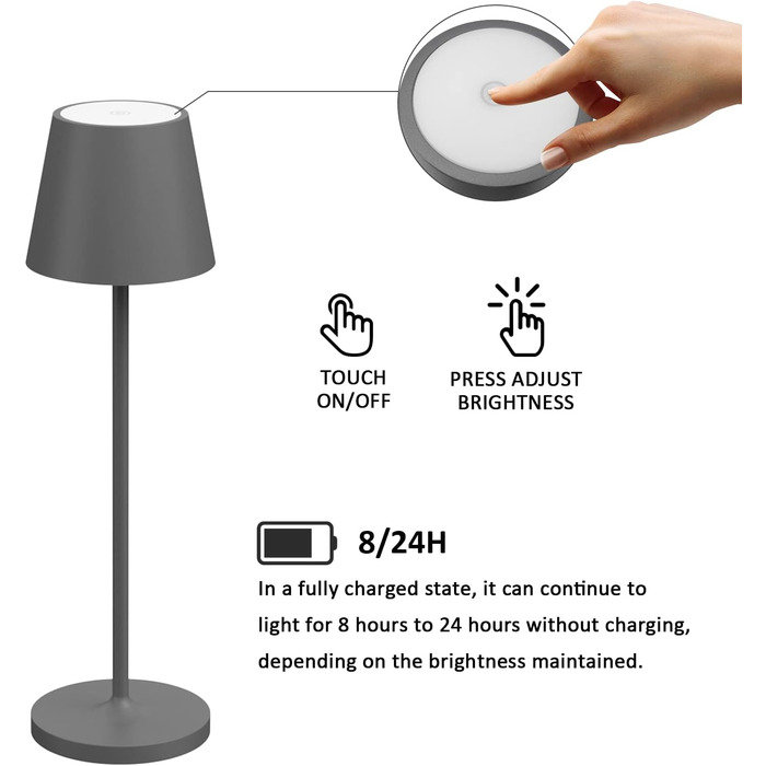 LED настільна лампа K-Bright з димуванням, акумуляторна | Внутрішнє та зовнішнє використання | Природне світло | Водостійка IP54 | 240LM | USB зарядка | Темно-сірий