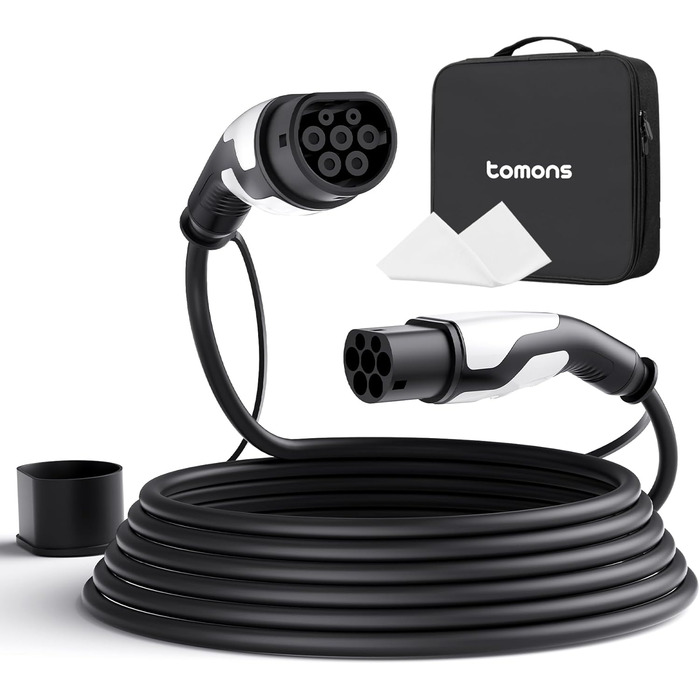 Кабель зарядки Tomons Typ 2 (32A, 22kW, 5м) для електромобілів (EV/PHEV) з тримачем та мікрофіброю. Сумісний з Model S/3/X/Y, ID.3, ID.4