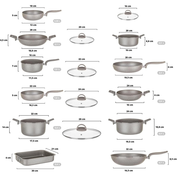 Набір каструль KASANOVA для традиційних плит, антипригарне покриття, набір посуду, здорове, швидке та рівномірне приготування їжі. Виготовлено в Італії (16 частин)
