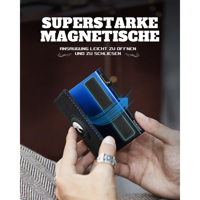 Портмоне DODENSHA® MagSnap для чоловіків з RFID захистом та відділенням для AirTag, картхолдер на 10+ карт, з монетницею, чорно-синій колір