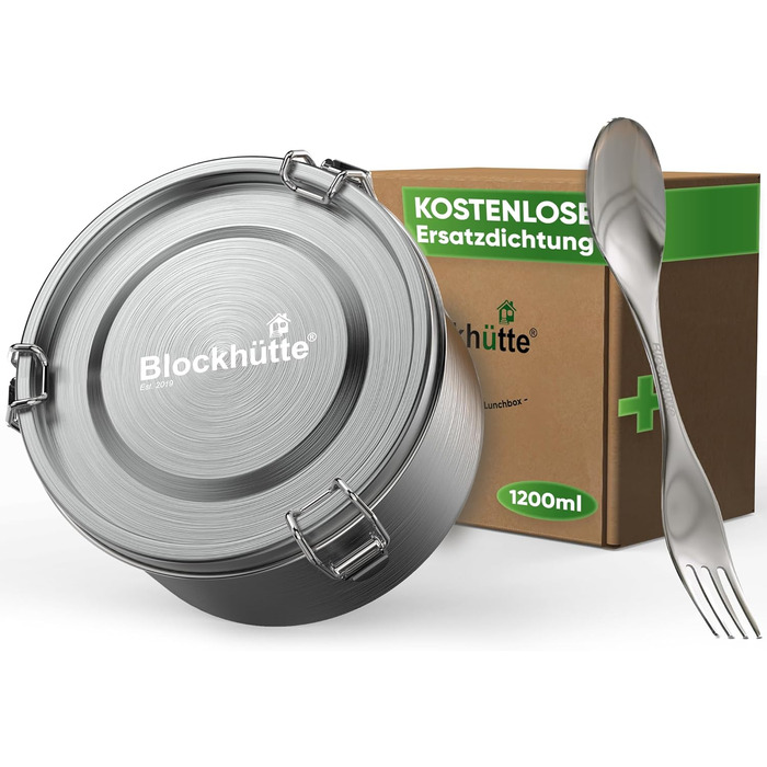 Blockhutte Premium Stainless Steel Lunchbox, Round, 1200ml, with Spoon and 2x Seal Set, Stainless Steel Leakproof Container, Stainless Steel Food Storage Container for Office Use, Freezer-Safe Stainless Steel Food Container
