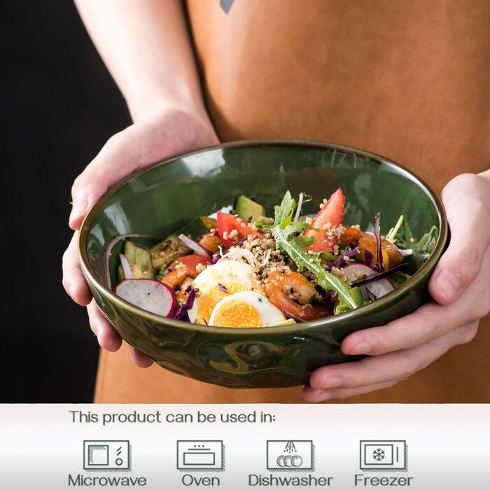 Набір тарілок для мюслі Vicrays (6 шт.) з порцеляни, об'єм 940 мл, набір тарілок та мисок, салатник з кераміки, супові тарілки, підходить для мікрохвильової печі та посудомийної машини (зелений)