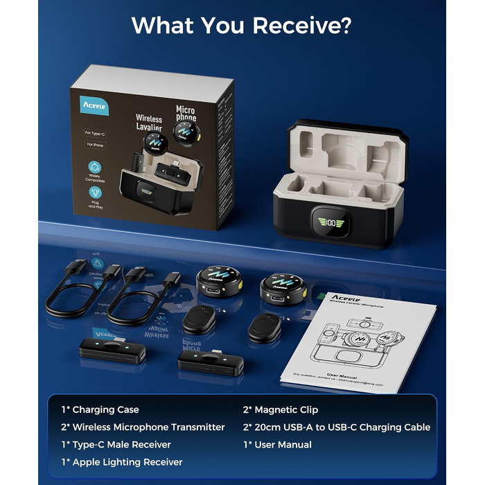 Мікрофон-петличка Aceele бездротовий для iPhone/Android/планшетів/ПК, Hi-Fi звук, шумозаглушення, 24 години роботи, радіус дії 50м, мініатюрний мікрофон для відео/стрімінгу/влогів/подкастів/інтерв'ю з кейсом для зарядки