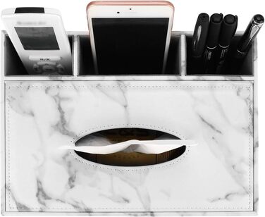 BSTKEY Tissue Box Rectangular Faux Leather Tissue Box with Remote Control (White Marble)