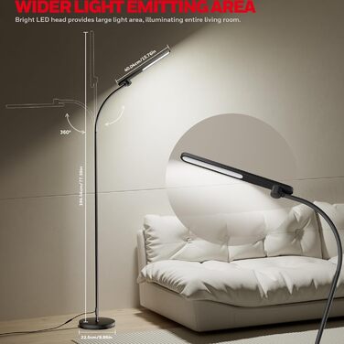 LED торшер Honeywell F4 Sunturalux™ з регулюванням яскравості, гнучкий гніздовий кріплення, сучасний дизайн для комфортного читання у вітальні, спальні, офісі (чорний)