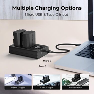 Зарядний пристрій K&F CONCEPT NP-W235 з LED-дисплеєм, Dual Slot, Micro USB та Type-C, сумісний з Fujifilm X-T5, X-T4, GFX 100S, X-H2S, GFX 50S II, VG-XT4. Підтримка передачі даних.