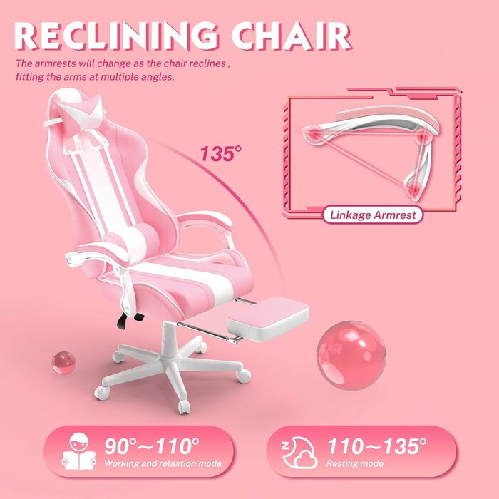 Геймерське крісло Ferghana Ergonomisch з підставкою для ніг та подушками: рожеве, для комп'ютера