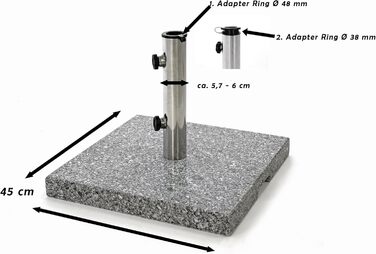 Nexos Parasol Stand 25kg Polished Granite Stainless Steel Square 45 x 45 cm Parasol Stand with Grips and Reducer Rings Suitable for Umbrellas up to 3m Diameter