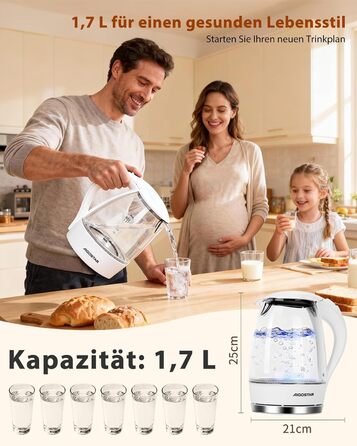 Електричний чайник Aigostar 1.7 л, 2200 Вт, зі скляною колбою, LED-підсвічуванням, без BPA, з фільтром від накипу, чорний (Eve)