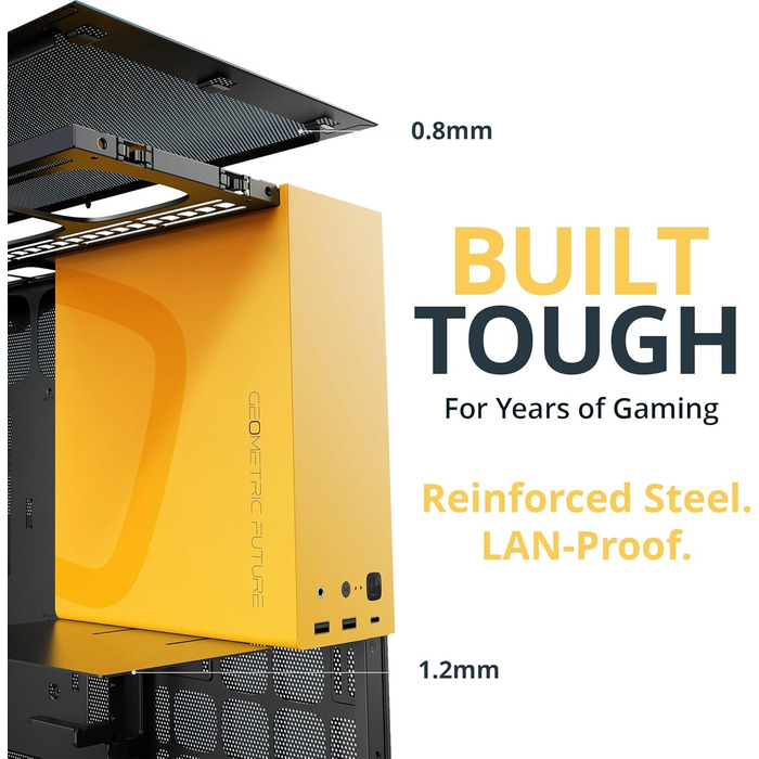 Корпус для ігрового ПК Geometric Future M5 з темперованим склом, Mid Tower, E-ATX/ATX, сталь 1.2mm, Type C, без інструментів, підтримка радіатора 420/360, подвійний відсік, GEO-M5-BNY (чорний/жовтий)