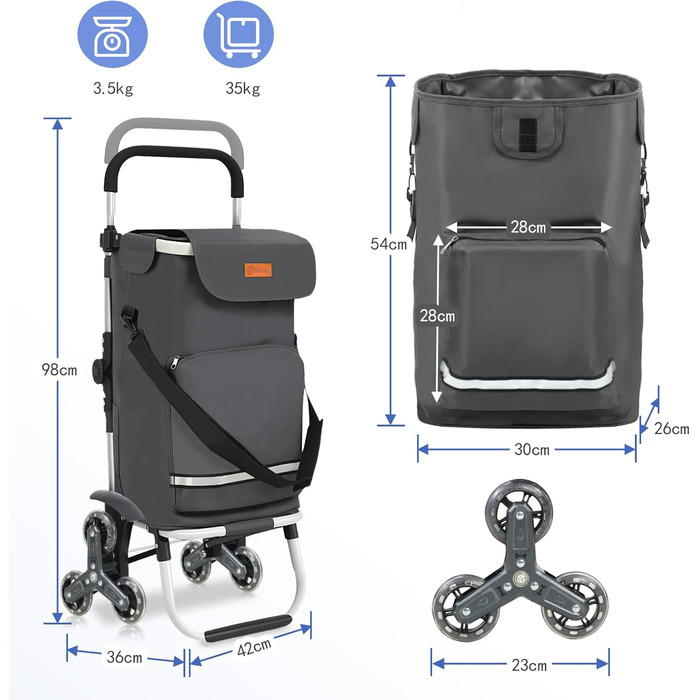 Тролей для покупок Sekey XXL з підйомником для сходин, 3-колісний вагончик для кемпінгу та покупок, регульована ручка, алюміній 3-в-1, з відділенням для охолодження та напоїв (сірий)