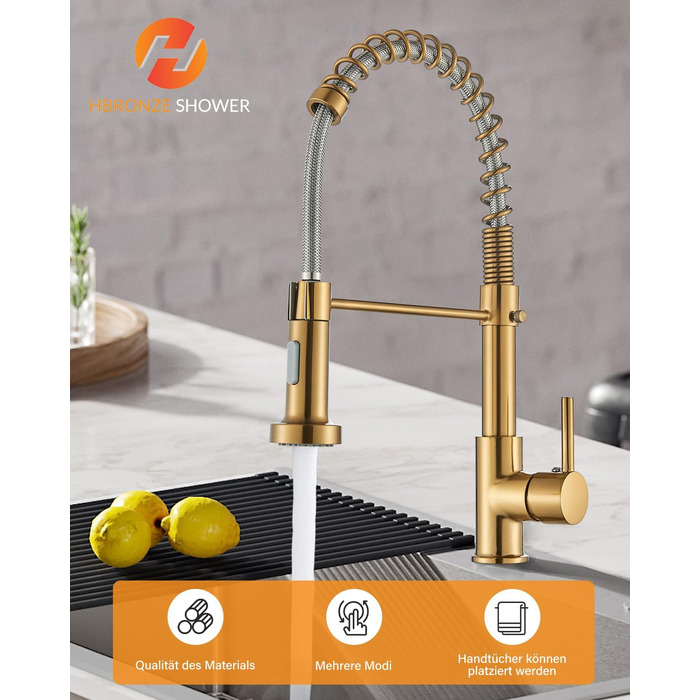 Кухляна змішувач Hbronzeshower з висувною лійкою, 360° обертання, нержавіюча сталь, з душем, для кухні