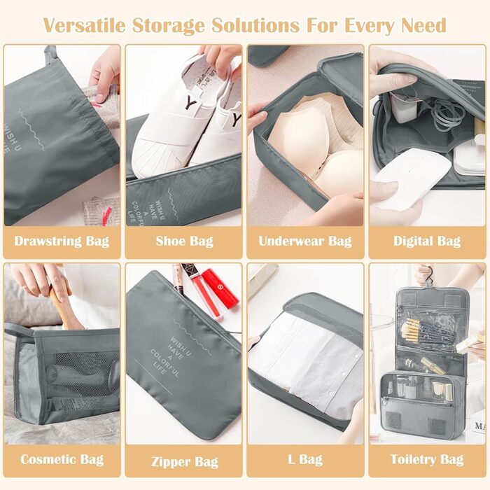 Набір органайзерів для валізи 13 шт., Packing Cubes, водонепроникні органайзери для подорожей та відпустки, дорожній органайзер з прозорими сумками (Сірий)