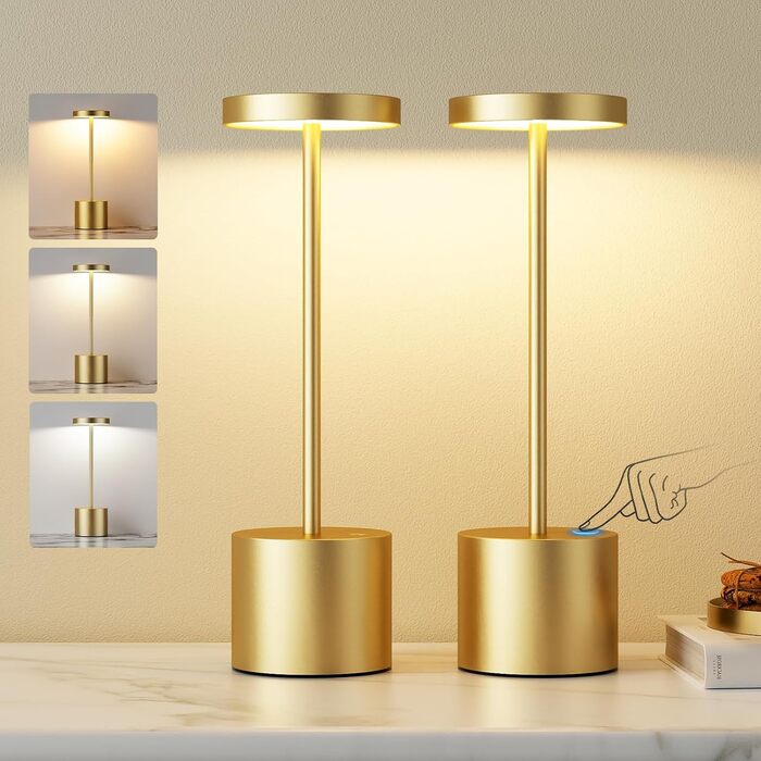 LED настільна лампа бездротова, акумуляторна, торшери з сенсорним керуванням, диммування, 3 колірні температури, регулювання яскравості, для спальні, кафе, чорний колір, 1 шт. (золота)