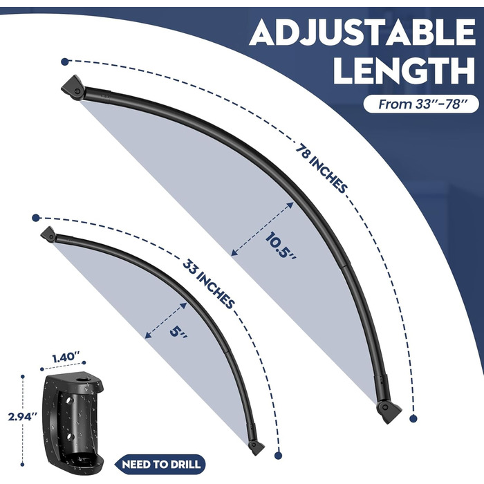 Вигнута штанга для душу, 107-190 см, регульована, чорна, кругла, для ванни, душової кабіни, з нержавіючої сталі, преміум-якість, потребує свердління