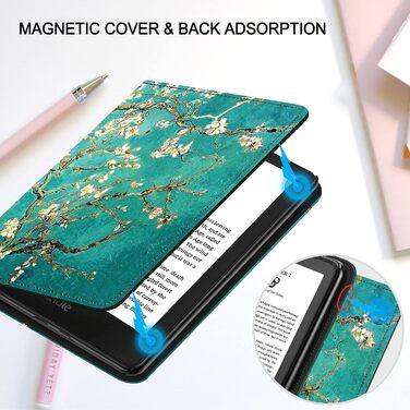 Чохол TOKILO для Kindle 6' eReader (11-те покоління 2024/2022), преміум шкіряний чохол з авто-ввімкненням/вимиканням, підставка, кишеня для карток, чорний (квіт Aprikosenblüte)