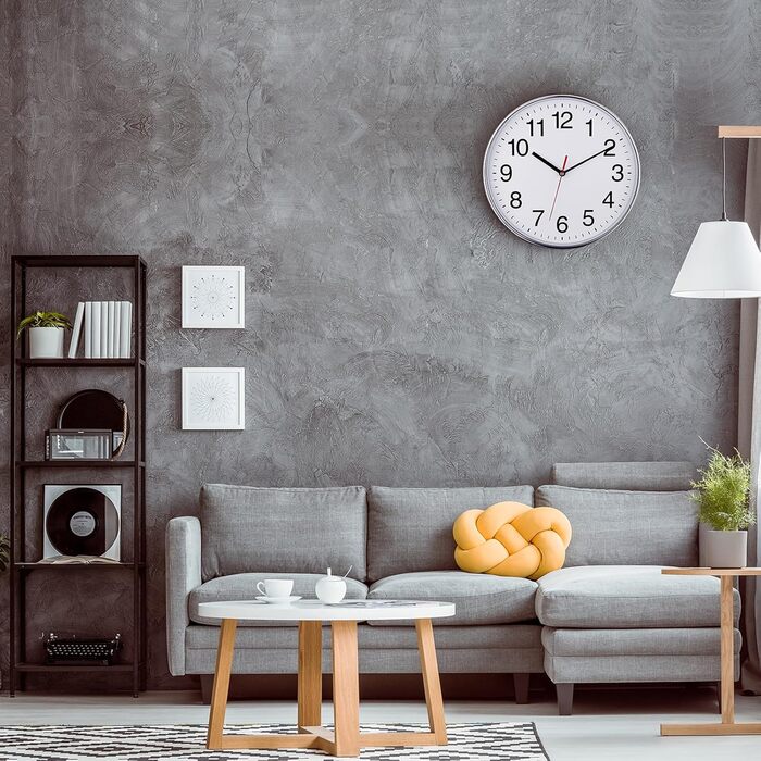 Plumeet Extra Large Silent Wall Clock, 40.6cm Soundless Non-Ticking Quality Black Quartz Wall Clock Decorative Home/Kitchen/Office/School Clock, Easy to Read (White) (Silver, 30 cm)