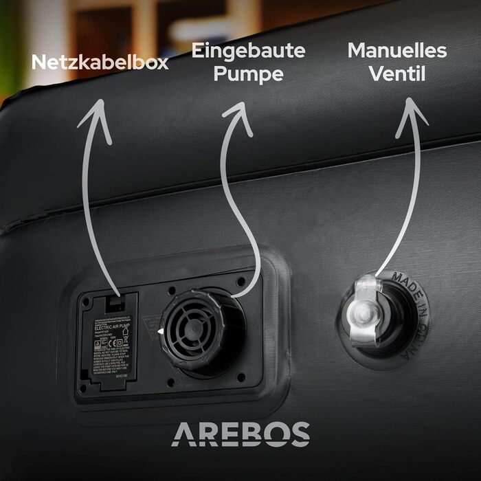 Надувний матрац Arebos | Самостійно надувний матрац 203 × 95 × 51 см для 1 особи | Гостьовий матрац з електричним насосом | Надувний матрац з сумкою для транспортування для кемпінгу/вдома | Сірий/Антрацит