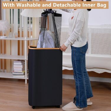 iEGrow Laundry Basket with Lid 75L, Narrow Laundry Baskets with Removable and Washable Inner Pocket, Laundry Hamper with Wheels, Foldable Laundry Baskets for Laundry Room, Bedroom, Bathroom (Black)