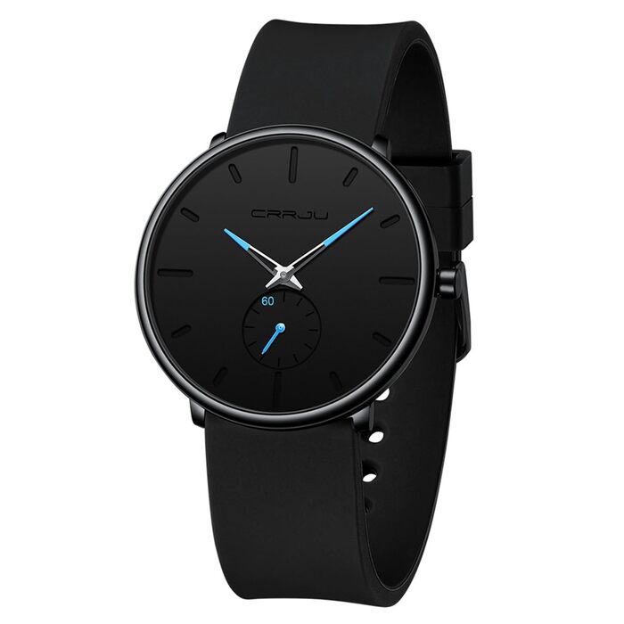 Годинник чоловічий CRRJU з силіконовим ремінцем, ультратонкий, водонепроникний, мінімалістичний, спортивний, кварцовий, блакитно-чорний