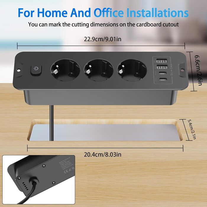 Мережевий фільтр 5 розеток з індивідуальним вимикачем, з 2 USB-A та 2 USB-C, розгалужувач розеток 5 розеток зі switch, мережевий фільтр настінний з 2м кабелем, PD 20W - (3 розетки 4 USB, Чорний)