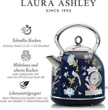 Laura Ashley Elveden Stainless Steel Cordless Electric Kettle - 1.7L, 2.2kW, with Temperature Display & Overheat Protection