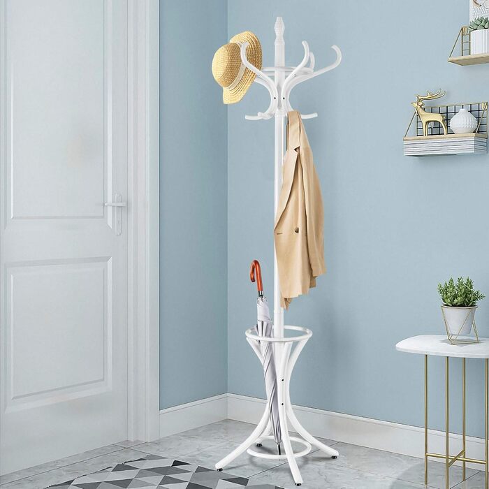 GIANTEX Coat Rack with Umbrella Stand, Clothes Rack Wood with 12 Clothes Hooks, Wooden Coat Tree Freestanding, Standing Coat Rack for Entryway Living Room (white)