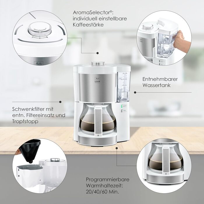 Кавомашина Melitta Look Perfection знімний резервуар для води, скляна каструля, функція антикрапельна, для 10 чашок кави, білий колір